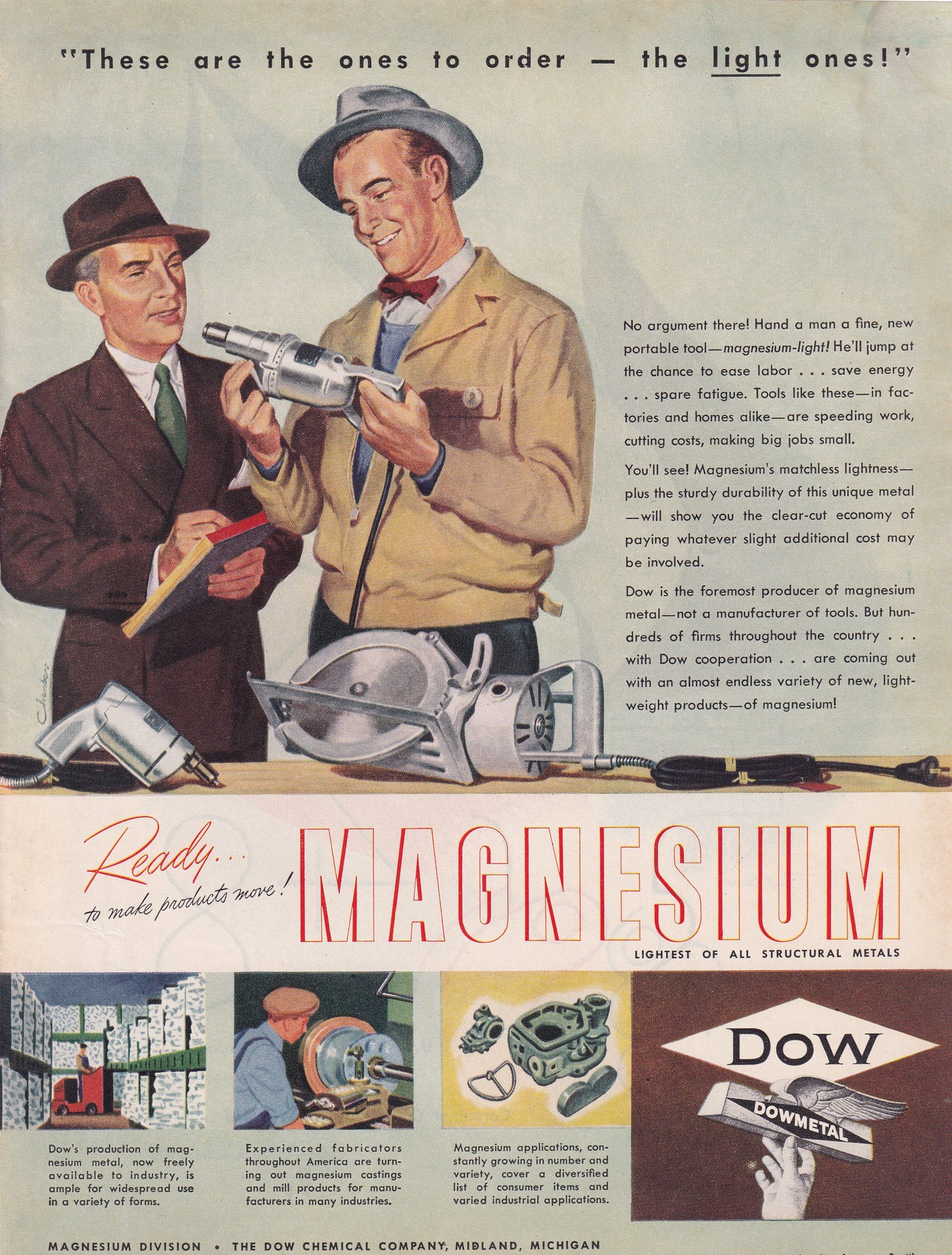 1946 Original Vintage Magazine Ad - Rare Americana - Dow Metal Magnesium Lighter Power Tools