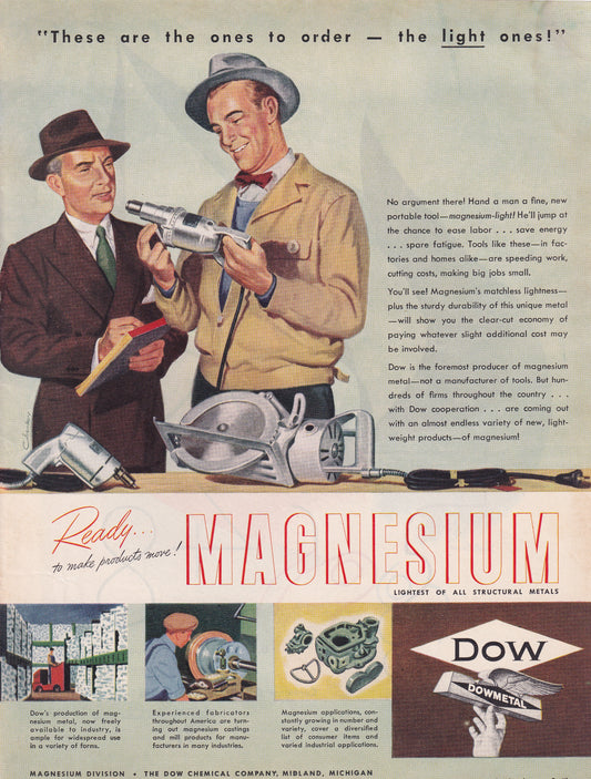 1946 Original Vintage Magazine Ad - Rare Americana - Dow Metal Magnesium Lighter Power Tools