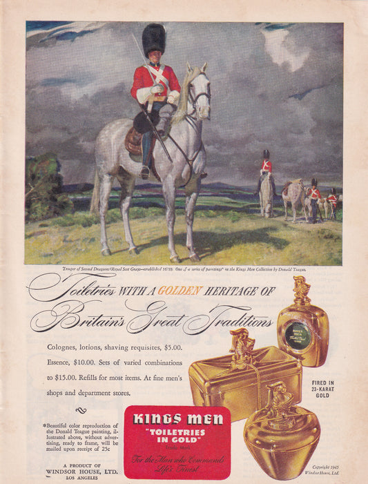 1946 Original Vintage Magazine Ad - Rare Americana - Kings Men Toiletries in Gold Trooper of Second Dragoons Scot Grays