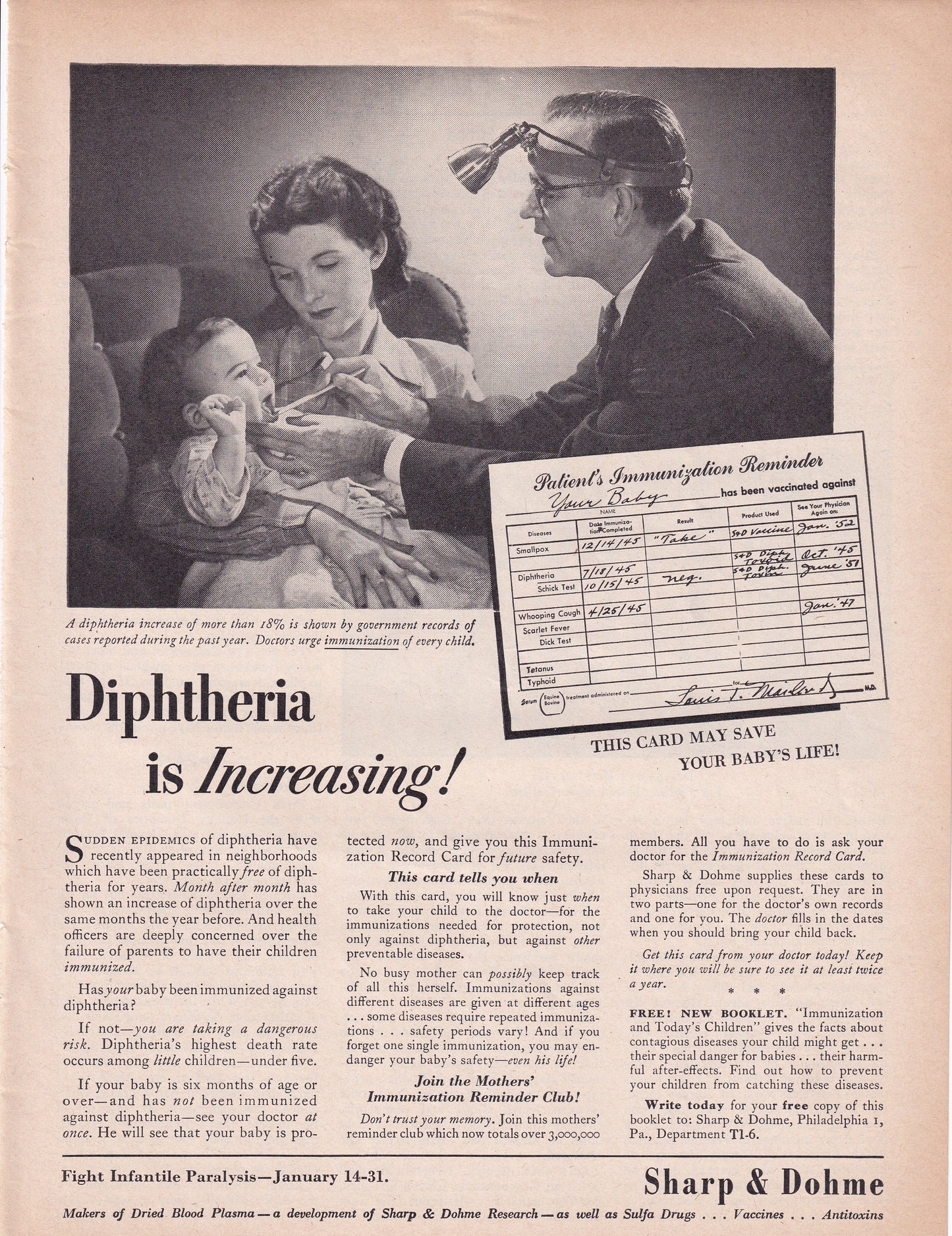 1946 Original Vintage Magazine Ad - Rare Americana - Sharp & Dohme Vaccinations Diphtheria is Increasing Toddler