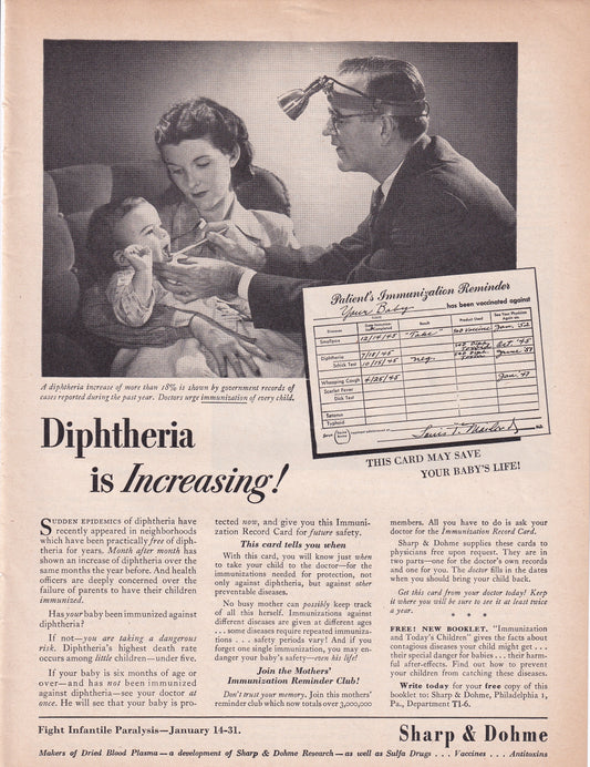 1946 Original Vintage Magazine Ad - Rare Americana - Sharp & Dohme Vaccinations Diphtheria is Increasing Toddler