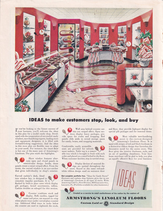 1946 Original Vintage Magazine Ad - Rare Americana - Armstrong's Linoleum Floors Ideas to Make Consumers Stop Candy Store