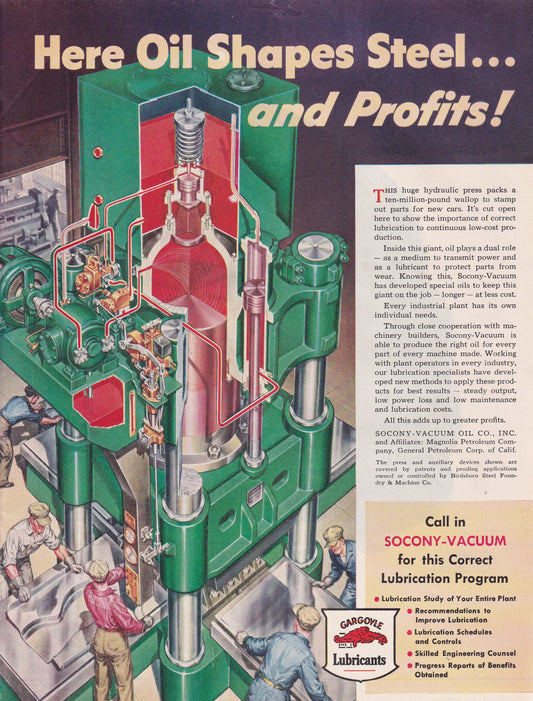 1946 Original Vintage Magazine Ad - Rare Americana - Socony Vacuum Gargoyle Lubricants Oil Shapes Steel