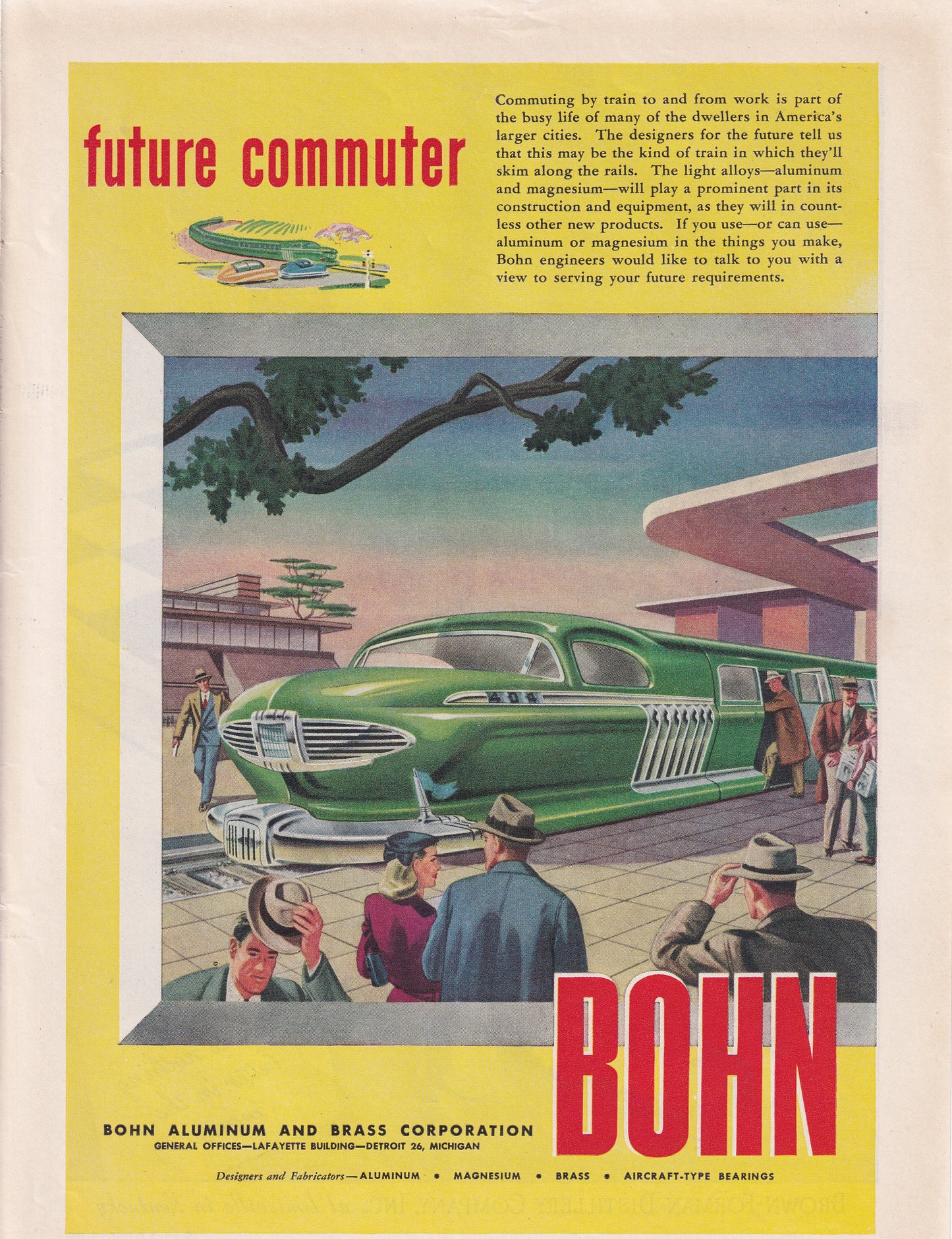 1946 Original Vintage Magazine Ad - Rare Americana - Bohn Aluminum and Brass Future Commuter Train Monorail