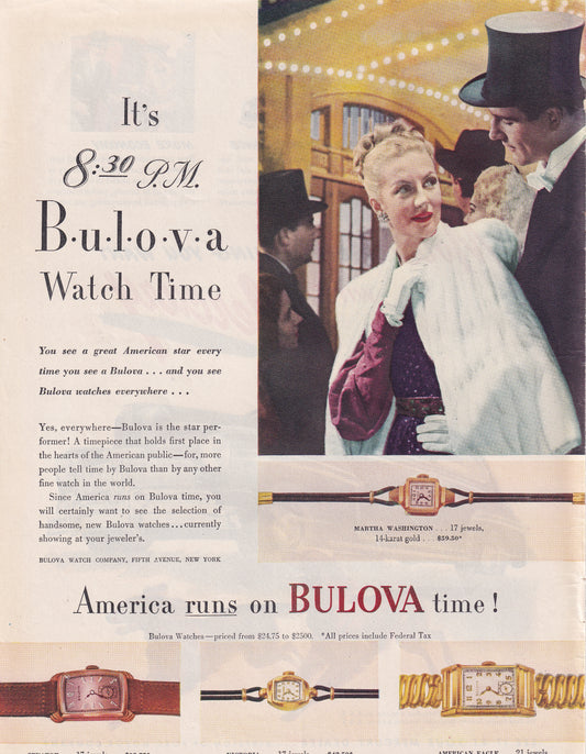 1946 Original Vintage Magazine Ad - Rare Americana - Bulova Watch America Runs On Bulova Time Martha Washington