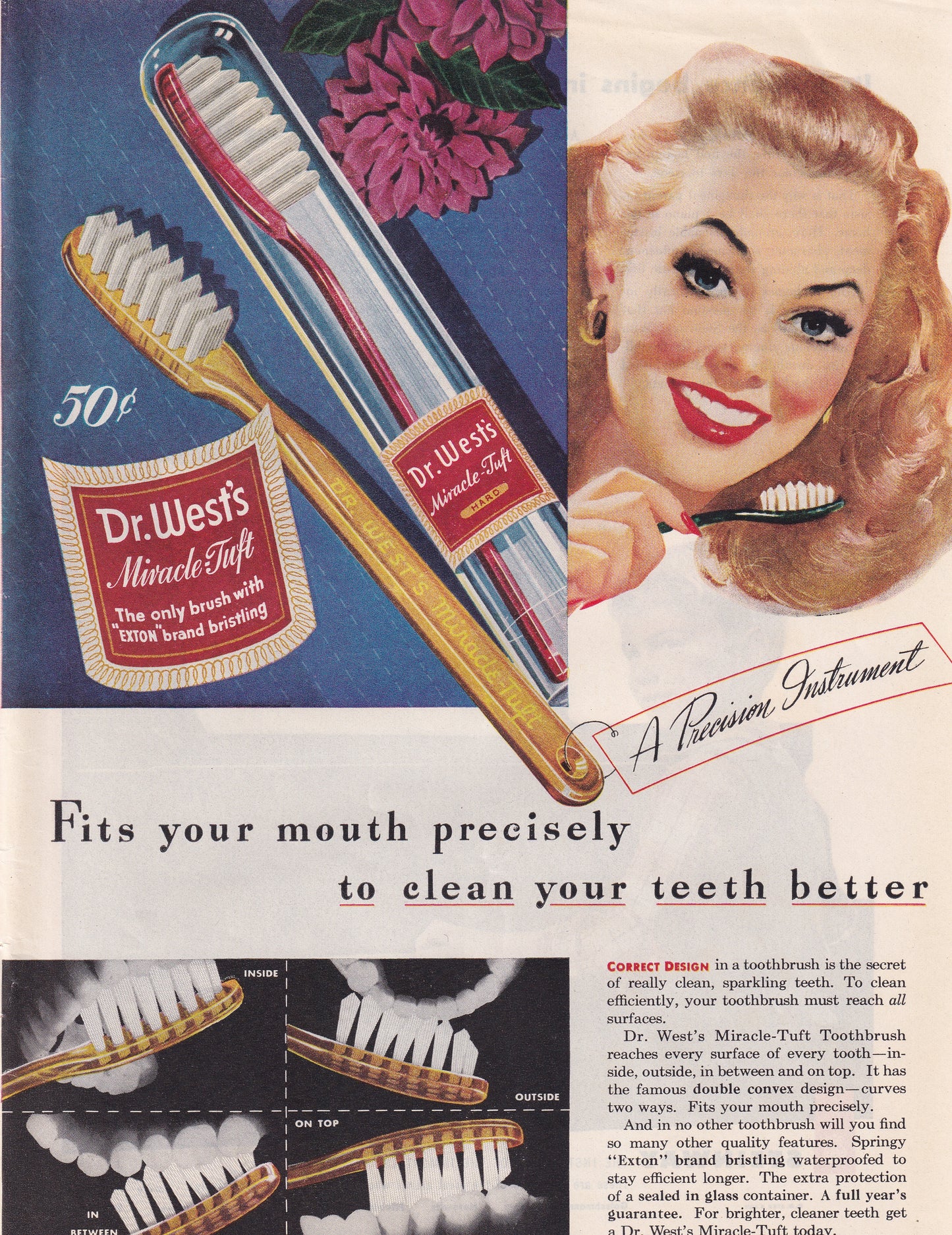 1946 Original Vintage Magazine Ad - Rare Americana - Dr. West's Miracle Tuft Pretty Blonde Girl
