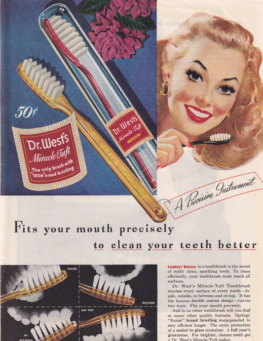 1946 Original Vintage Magazine Ad - Rare Americana - Dr. West's Miracle Tuft Pretty Blonde Girl