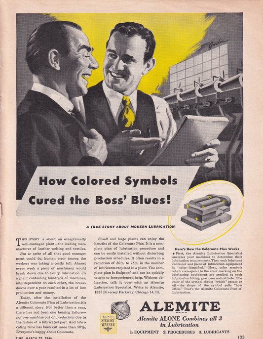 1946 Original Vintage Magazine Ad - Rare Americana - Alemite Corporation Colored Symbols Cured the Boss' Blues