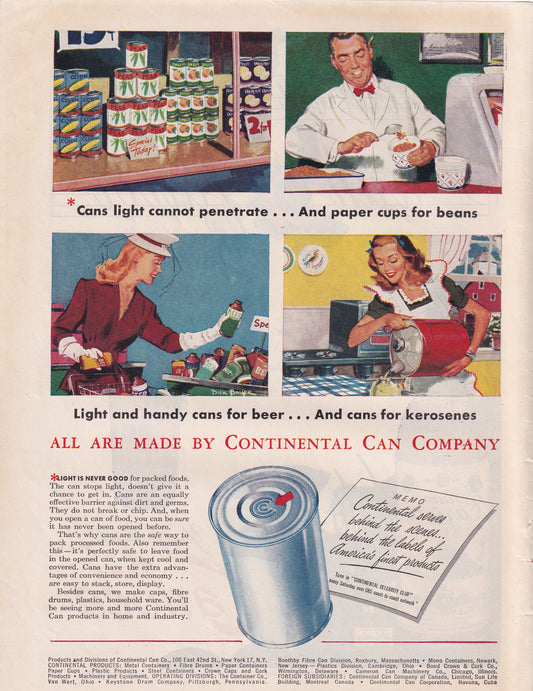 1946 Original Vintage Magazine Ad - Rare Americana - Continental Can Company Light and Handy Cans for Beer