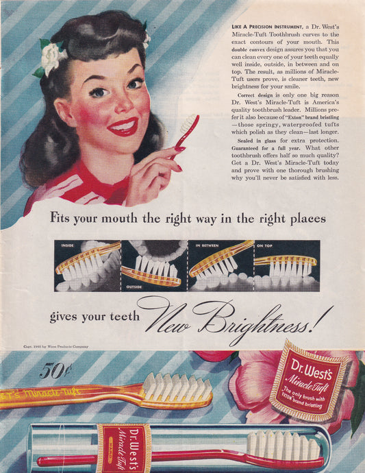 1946 Original Vintage Magazine Ad - Rare Americana - Dr. West's Toothbrushes FIts Your Mouth in the Right Places Brunette