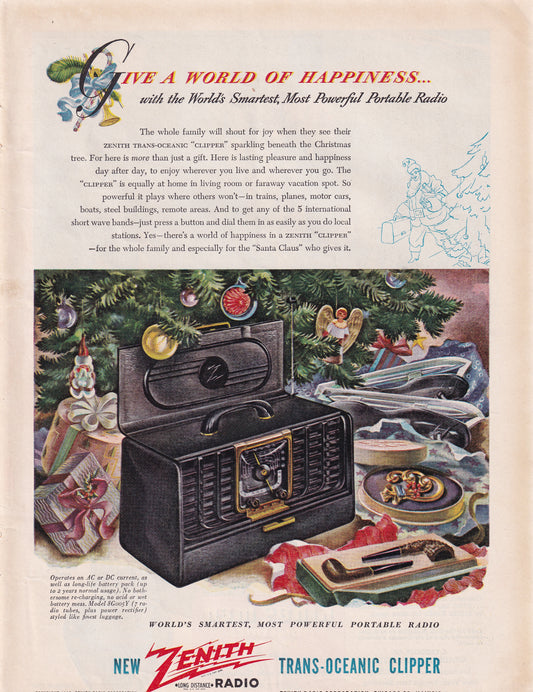 1946 Original Vintage Magazine Ad - Rare Americana - Zenith Radio Trans Oceanic Clipper