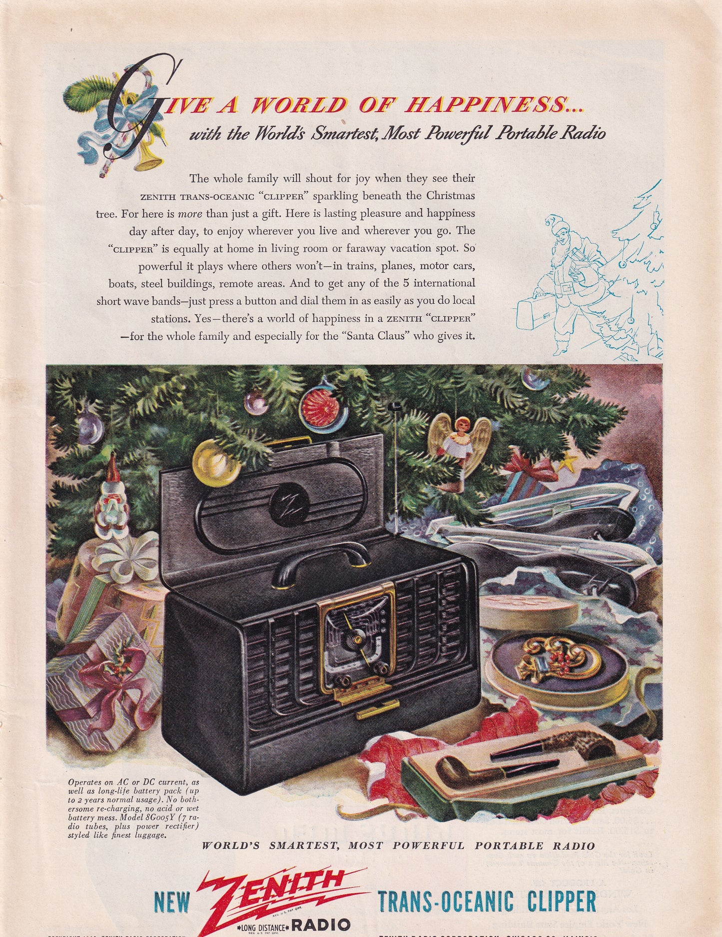 1946 Original Vintage Magazine Ad - Rare Americana - Zenith Radio Trans Oceanic Clipper