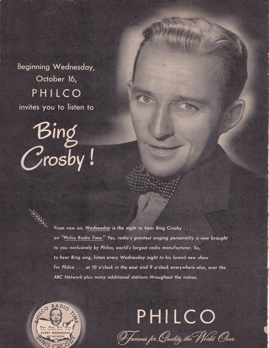 1946 Original Vintage Magazine Ad - Rare Americana - Bing Crosby for Philco Wednesday October 16, 1946