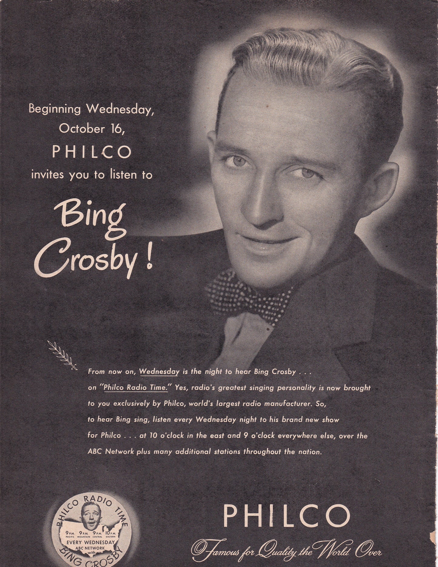 1946 Original Vintage Magazine Ad - Rare Americana - Bing Crosby for Philco Wednesday October 16, 1946