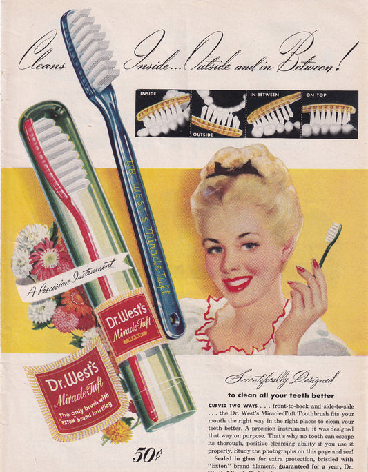 1946 Original Vintage Magazine Ad - Rare Americana - Dr. West Miracle Tuft Toothbruses Beautiful Blonde