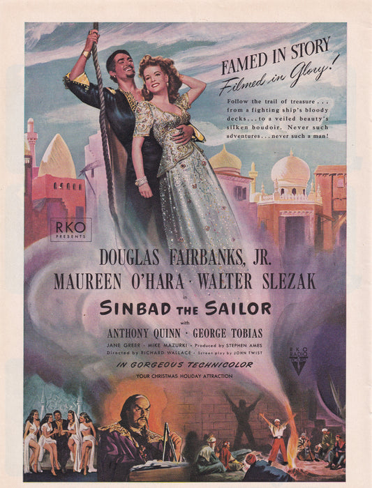 1946 Original Vintage Magazine Ad - Rare Americana - Sinbad the Sailor Movie Anthony Quinn, Jane Greer, and George Tobias