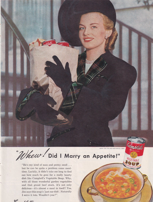 1946 Original Vintage Magazine Ad - Rare Americana - Campbell's Vegetable Soup Whew Did I Marry and Appetite