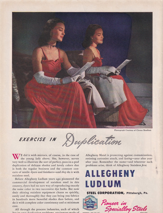 1946 Original Vintage Magazine Ad - Rare Americana - Allegheny Ludlum Excercise in Duplication Pretty Twin Women