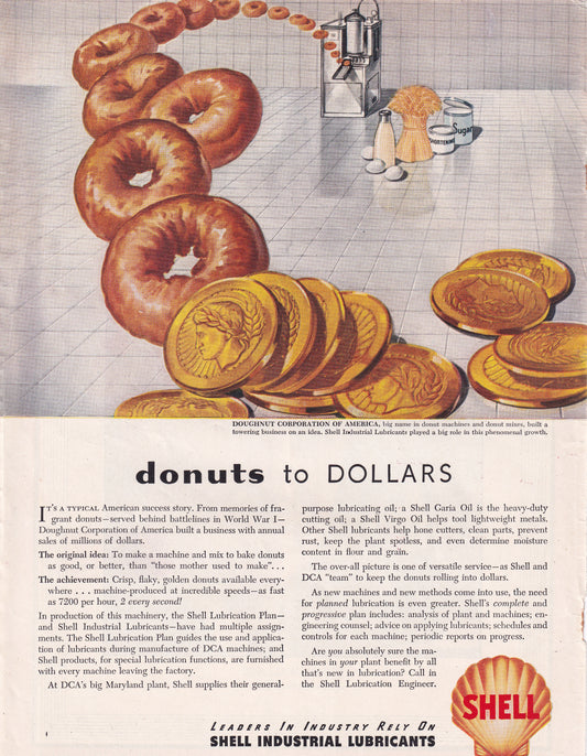 1946 Original Vintage Magazine Ad - Rare Americana - Shell Lubricants Donuts to Dollars