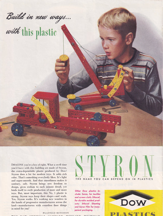 1946 Original Vintage Magazine Ad - Rare Americana - Styron Dow Plastics Boy Playing with Crane