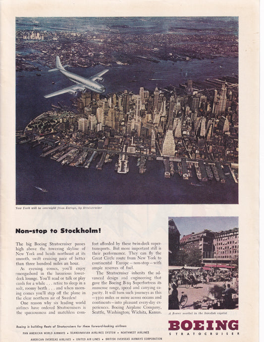 1946 Original Vintage Magazine Ad - Rare Americana - Boeing Stratocruiser New York City NYV Manhattan