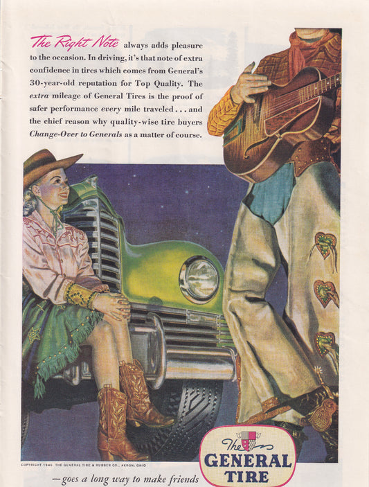 1946 Original Vintage Magazine Ad - Rare Americana - General Tire Pretty Cow Girl Crossed Legs and Boots