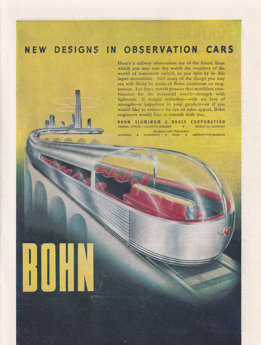 1946 Original Vintage Magazine Ad - Rare Americana - Bohn Aluminum and Brass New Design in Observagtion Cars
