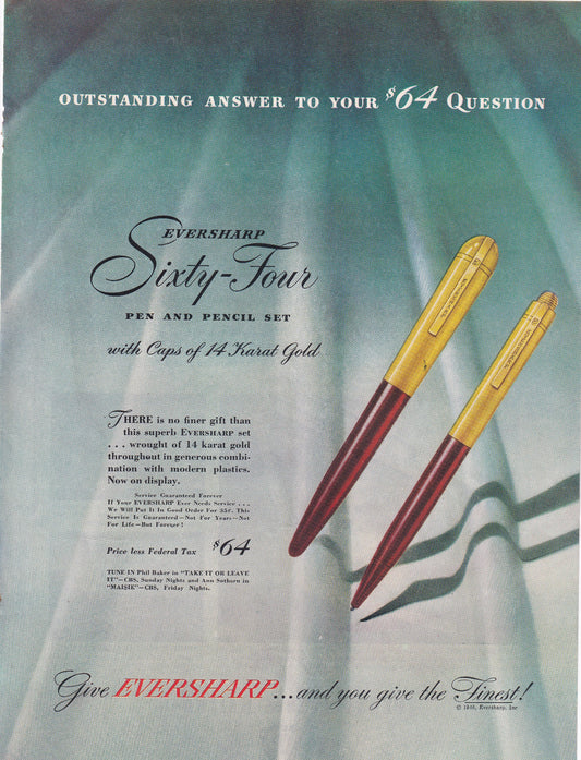 1946 Original Vintage Magazine Ad - Rare Americana - Eversharp Sixty Four 64 Pen and Pencil Set 14kt Gold Caps