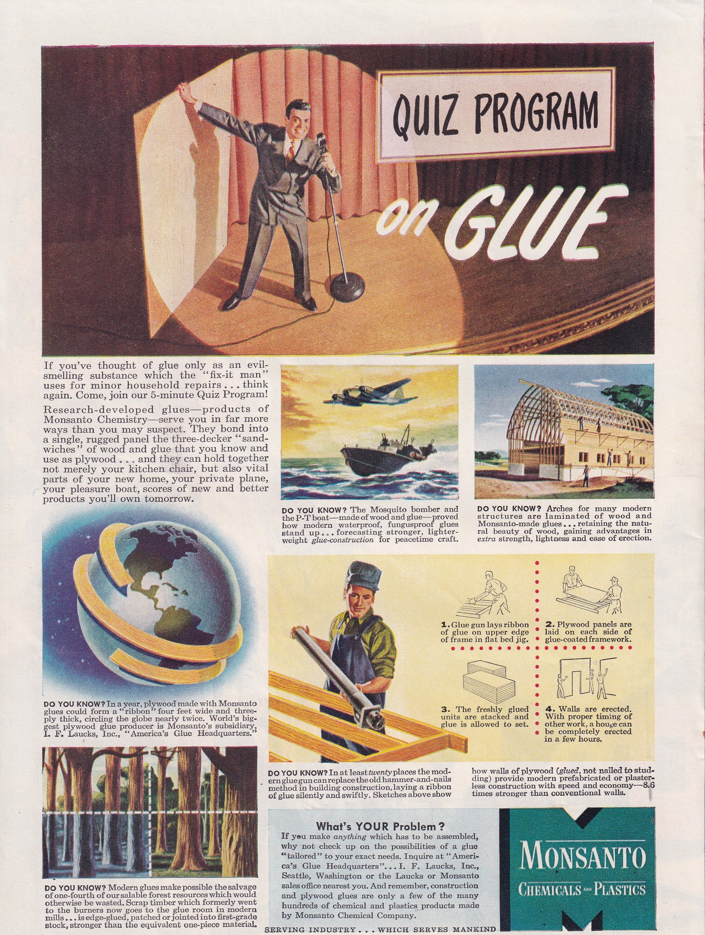 1946 Original Vintage Magazine Ad - Rare Americana - Monsanto Chemicals and Plastics All About Glue