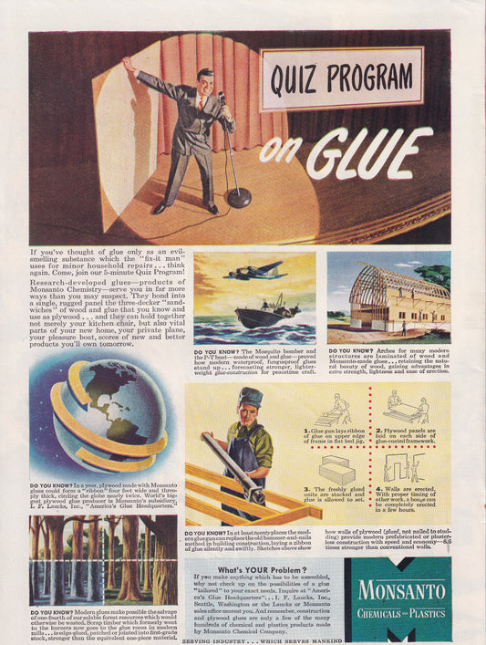 1946 Original Vintage Magazine Ad - Rare Americana - Monsanto Chemicals and Plastics All About Glue