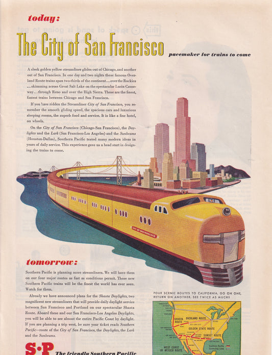 1946 Original Vintage Magazine Ad - Rare Americana - Southern Pacific Railway The City of San Francisco