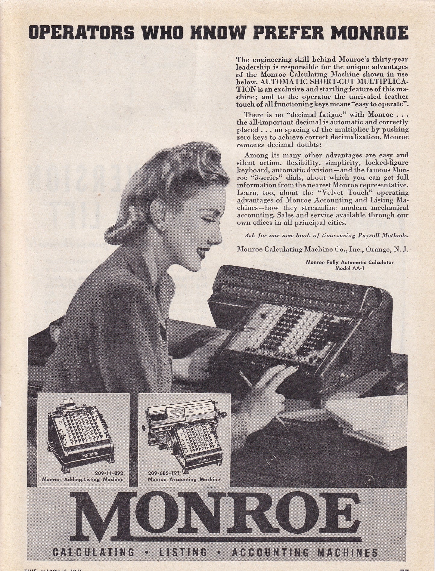 1946 Original Vintage Magazine Ad - Rare Americana - Monroe Accounting Machines Operators Who Know Prefer Monroe