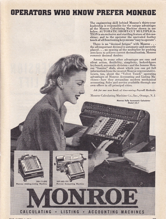 1946 Original Vintage Magazine Ad - Rare Americana - Monroe Accounting Machines Operators Who Know Prefer Monroe