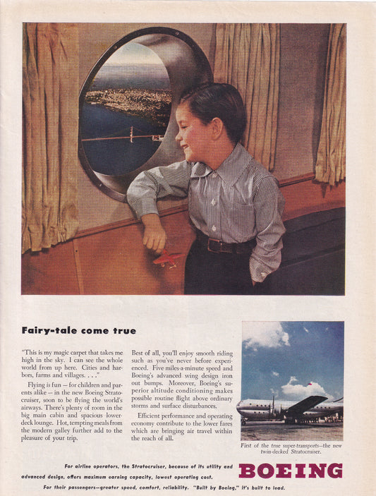 1946 Original Vintage Magazine Ad - Rare Americana - Boeing Airplanes Fairytale Comes True Old Time Player From Way Back