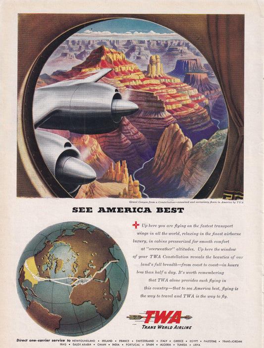 1946 Original Vintage Magazine Ad - Rare Americana - TWA Trans World Airline See America Best Grand Canyon