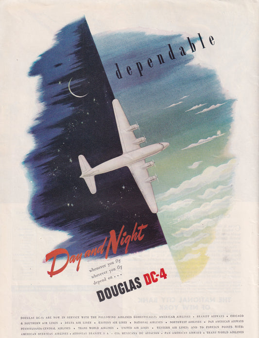 1946 Original Vintage Magazine Ad - Rare Americana - Douglas DC-4 Dependable Aircraft Day and Night