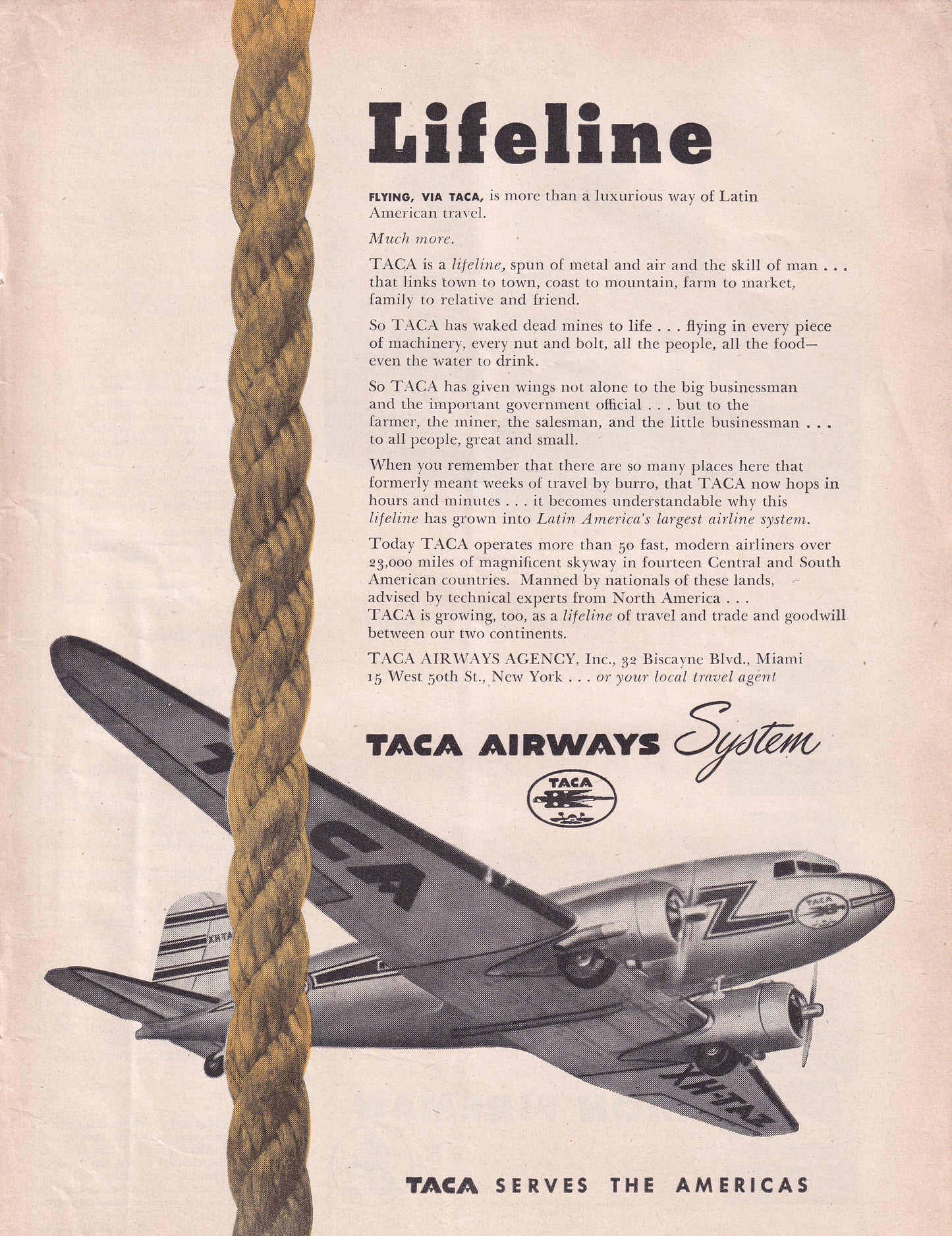 1946 Original Vintage Magazine Ad - Rare Americana - TACA Airways Lifeline