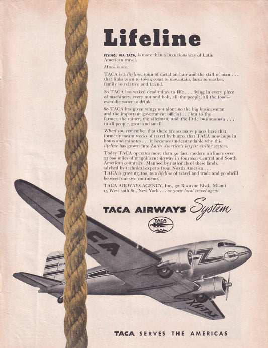 1946 Original Vintage Magazine Ad - Rare Americana - TACA Airways Lifeline