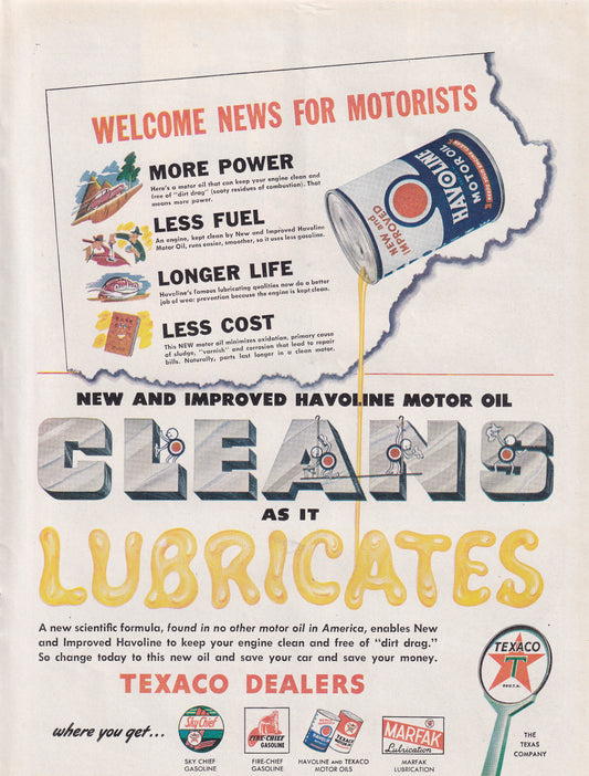 1946 Original Vintage Magazine Ad - Rare Americana - Havoline Motor Oil Cleans as it Lubricates