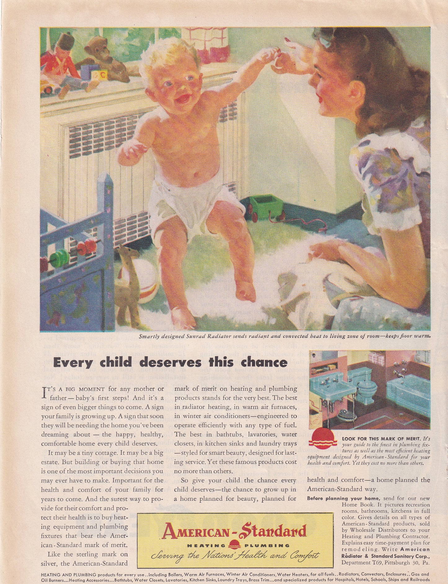 1946 Original Vintage Magazine Ad - Rare Americana - American Standard Heating and Plumbing Sunrad Radiator