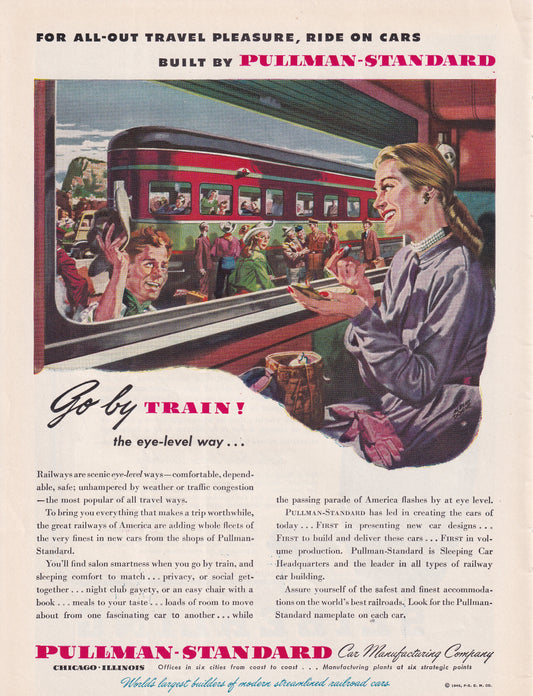 1946 Original Vintage Magazine Ad - Rare Americana - Pullman Standard Pretty Girl Waving Bye