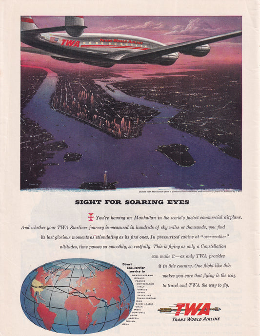 1946 Original Vintage Magazine Ad - Rare Americana - TWA Trans World Airlines Sunset over Manhattan Statue of Liberty