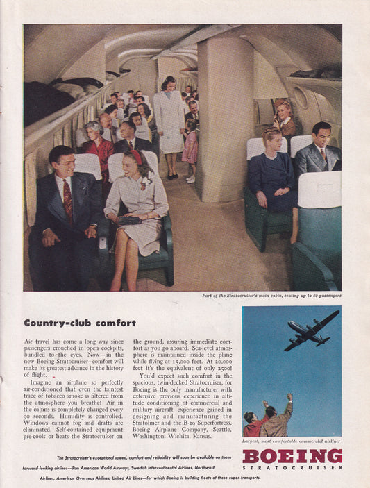 1946 Original Vintage Magazine Ad - Rare Americana - Boeing Stratocruiser Country-club Comfort