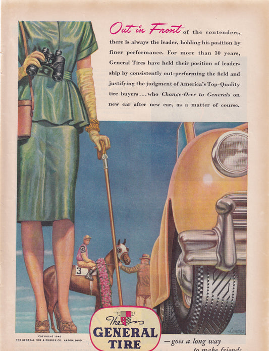 1946 Original Vintage Magazine Ad - Rare Americana - General Tire Out in Front Horse Racing Jockey