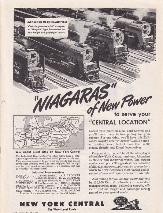 1946 Original Vintage Magazine Ad - Rare Americana - New York Central Niagraras of New Power Trains