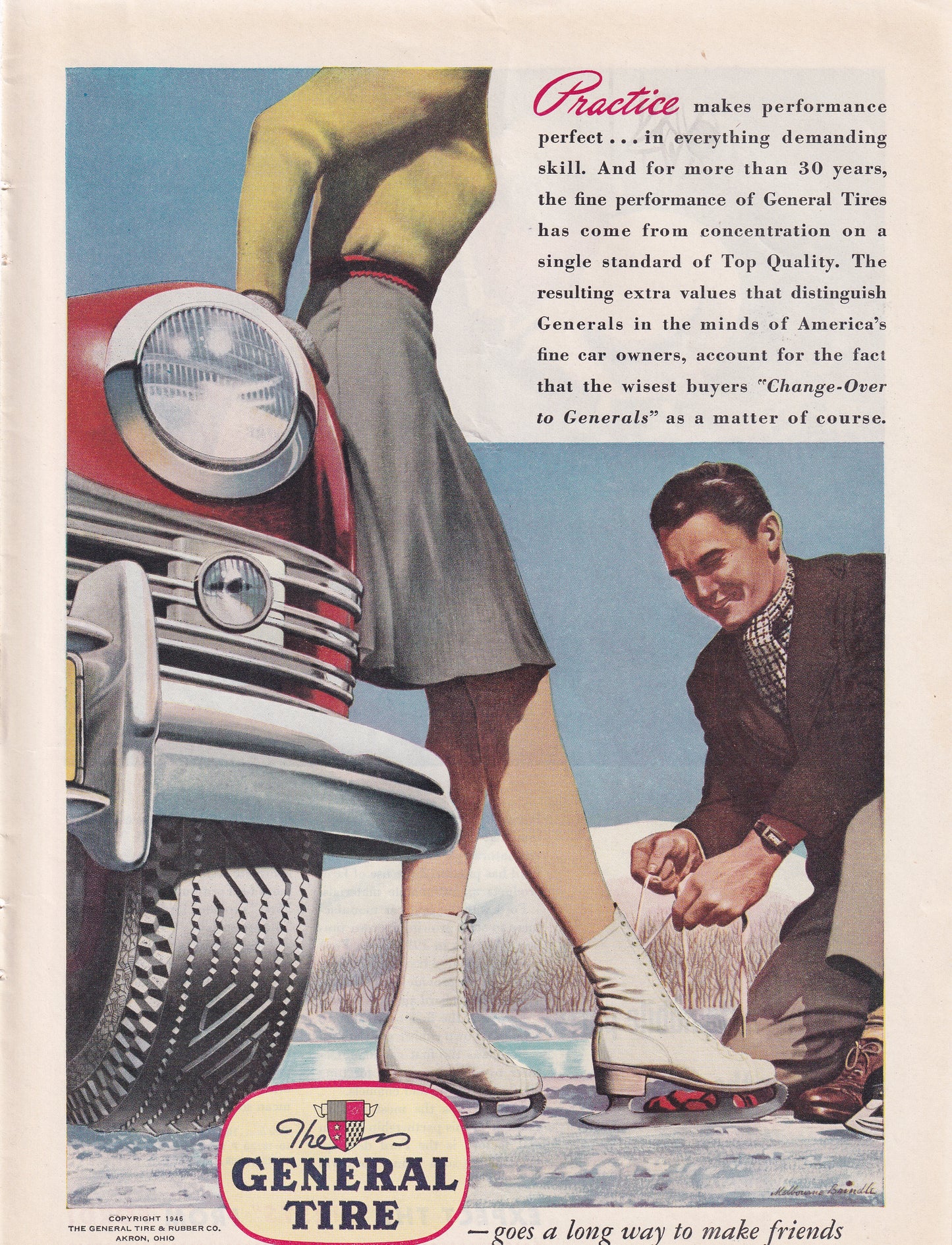 1946 Original Vintage Magazine Ad - Rare Americana - General Tire Ice Skating Courting
