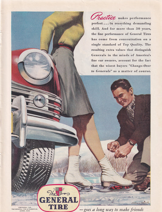 1946 Original Vintage Magazine Ad - Rare Americana - General Tire Ice Skating Courting