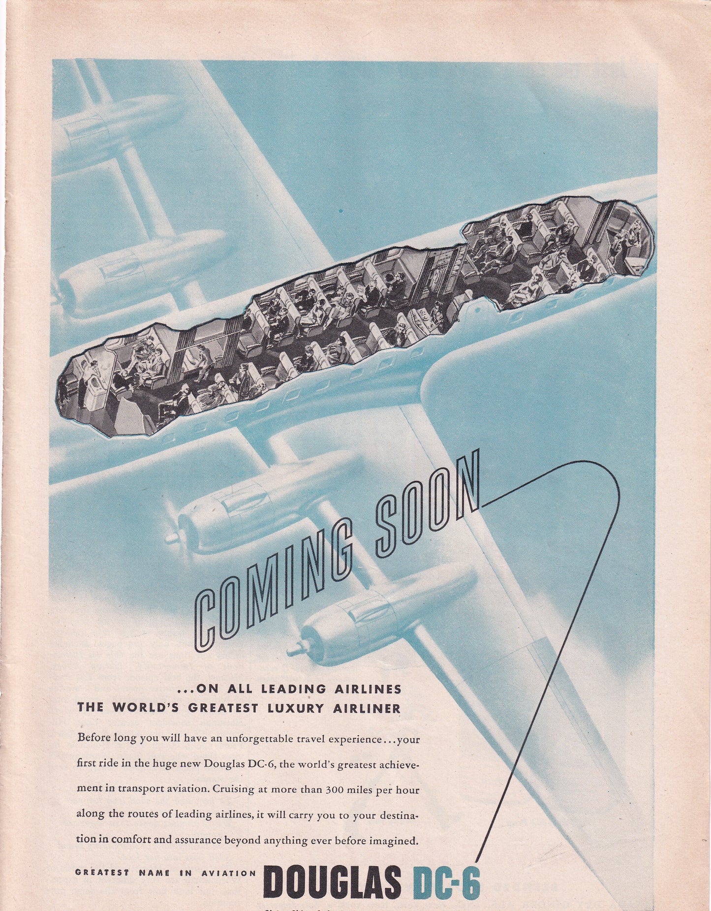 1946 Original Vintage Magazine Ad - Rare Americana -  Douglas DC-6 Airplane Coming Soon