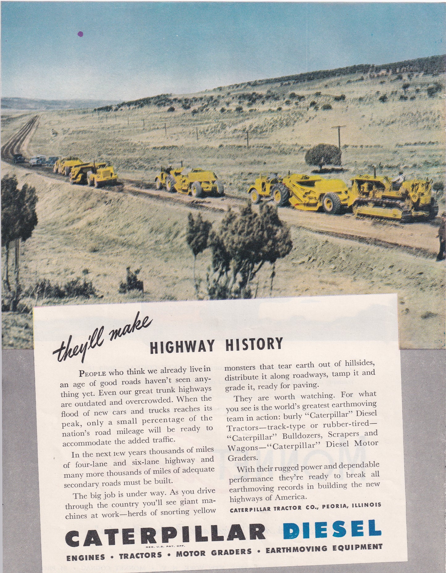 1946 Original Vintage Magazine Ad - Rare Americana - Caterpillar Diesel Dozers and Graders Highway History