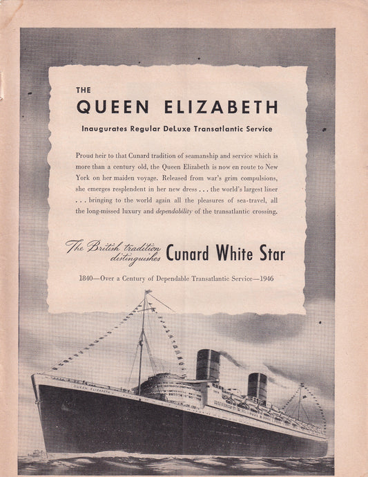 1946 Original Vintage Magazine Ad - Rare Americana - Cunard White Star Cruise Queen Elizabeth Ship